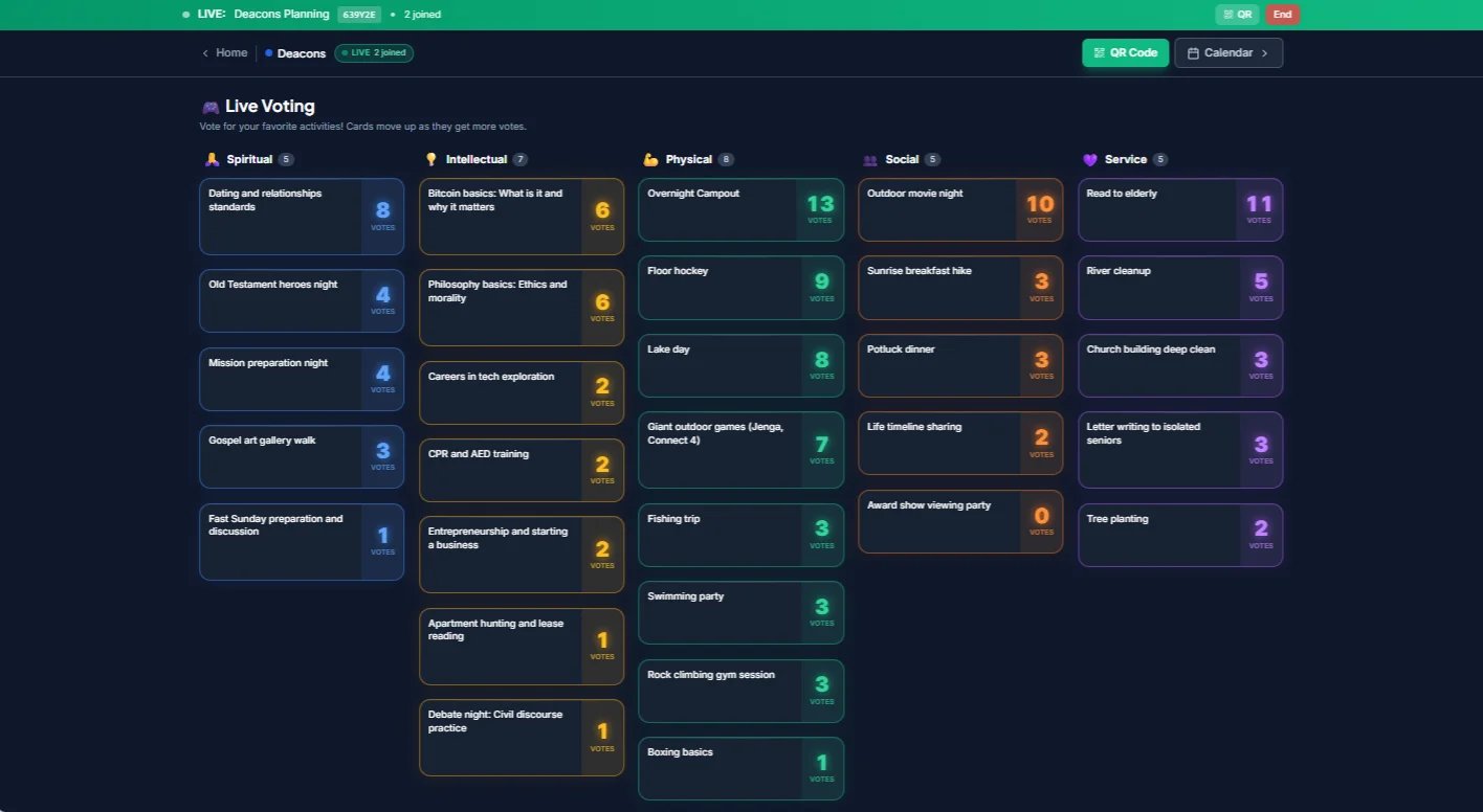 Dark mode interface showing live voting results